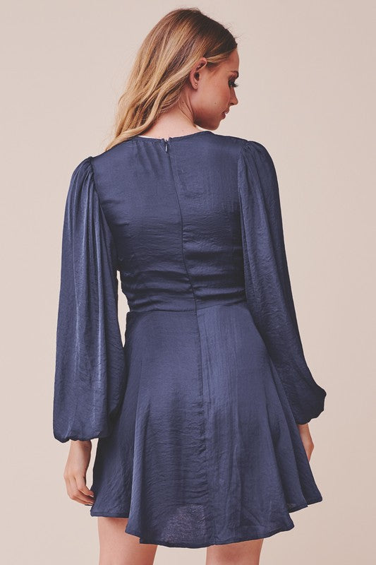 Elegant Navy Satin Deep V-Neck Tie-Up Ruffle Dress with Puffy Long Sleeve