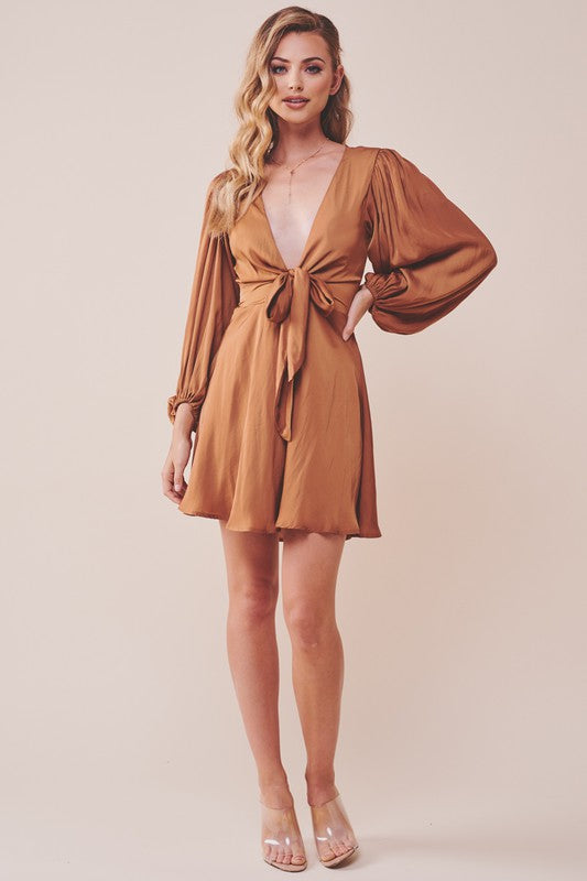 Elegant Tan Satin Deep V-Neck Tie-Up Ruffle Dress with Puffy Long Sleeve