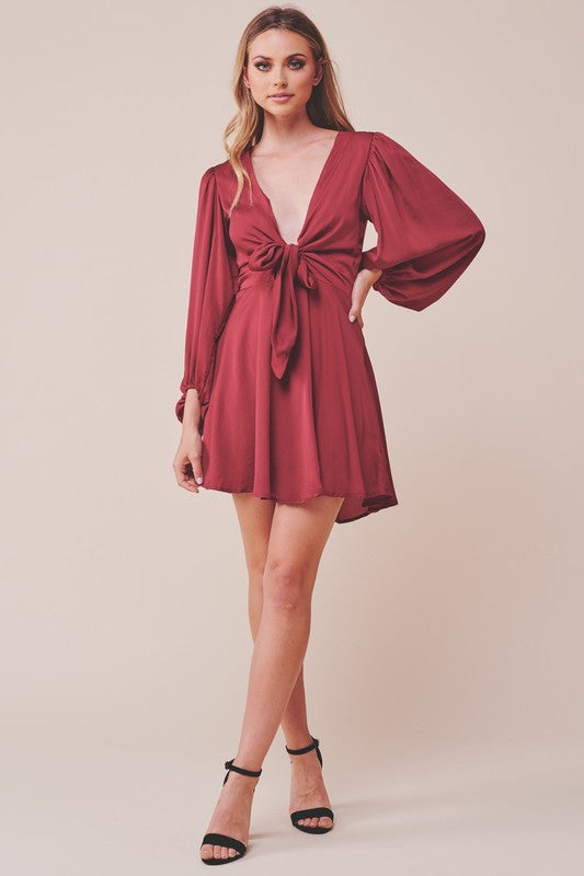 Elegant Wine Satin Deep V-Neck Tie-Up Ruffle Dress with Puffy Long Sleeve