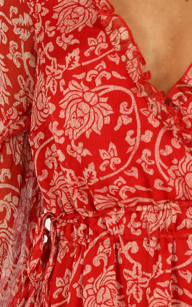 Elegant Red Multi-Color Floral Print Ruffle Side Tie-Up Dress with Long Sleeve