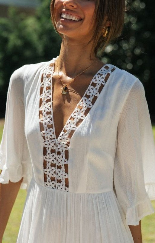 Fashion Summer White Crochet Embroidery Back Tie-Up Maxi Dress
