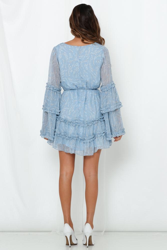 Fashion Blue Floral Print V-Neck Ruffle Tie-Up Dress with Bell Sleeve