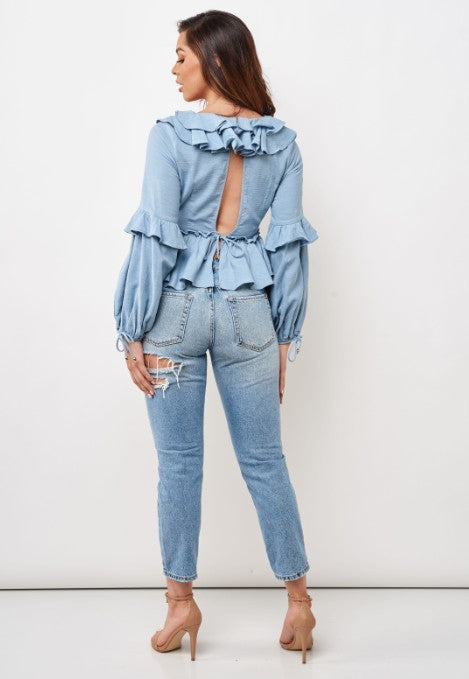 Fashion Summer Blue Deep V-Neck Ruffle Top with Bell Sleeve Tie-Up
