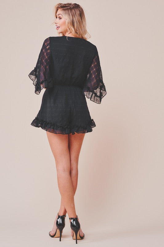 Fashion Black Deep V-Neck Tie-Up Ruffle Romper
