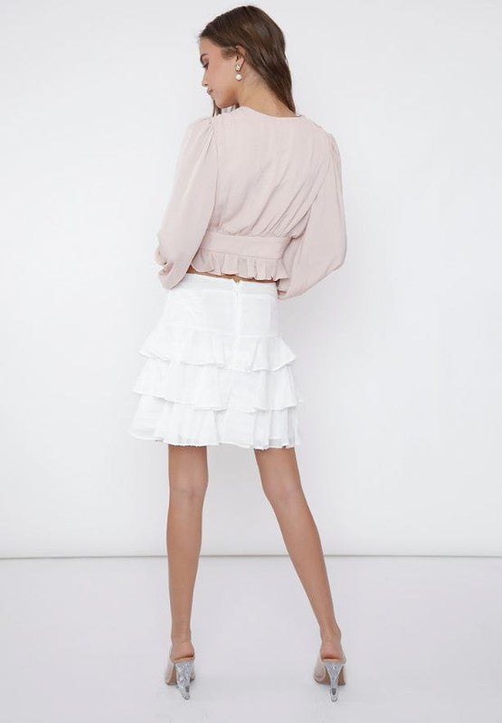 Elegant Champagne Deep V-Neck Crop Top Corset with Bell Sleeve