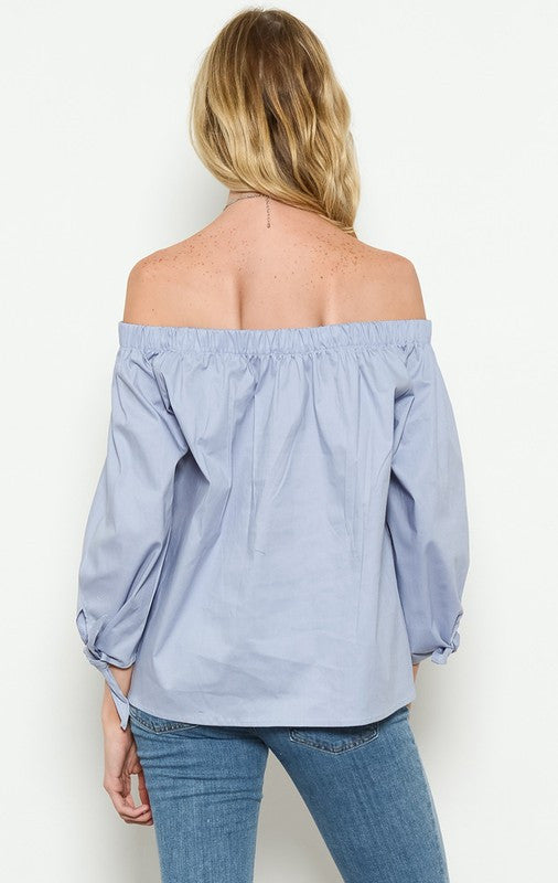 Fashion Blue Off Shoulder Top Embroidery Rose