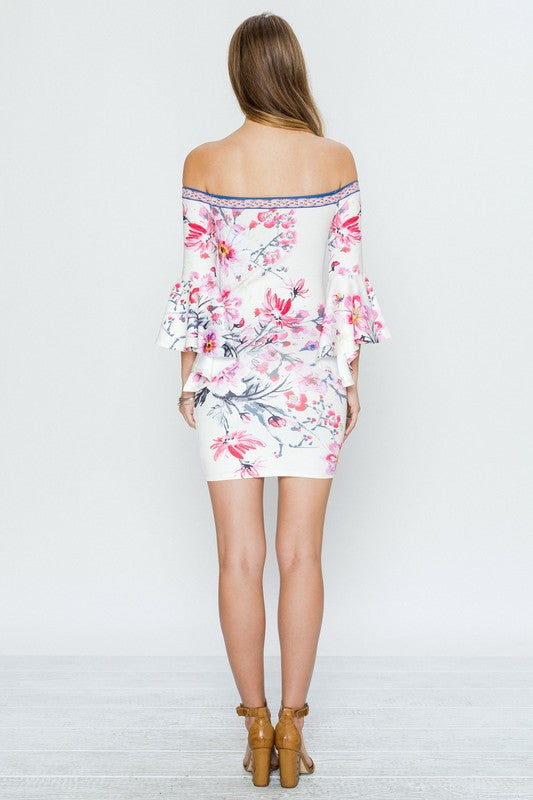 Fashion Summer Off Shoulder Floral Dress With Bell Sleeve