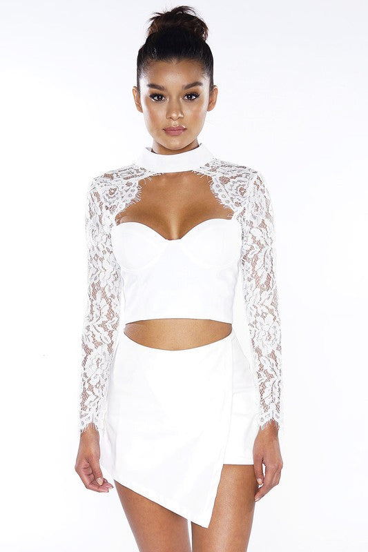 Elegant Choker White Lace Long Sleeve Top