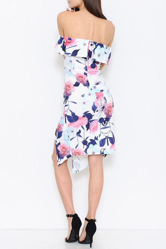 Elegant Multi-Color Floral Prints Off Shoulder Dress