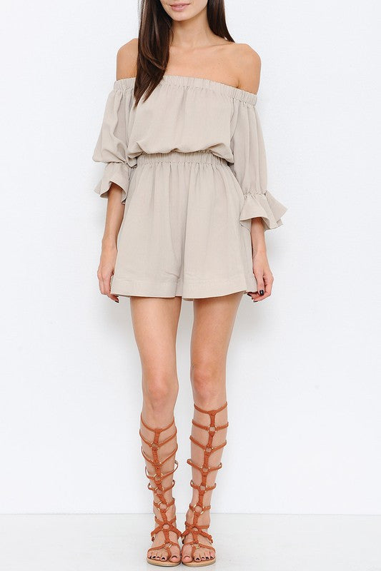 Fashion Off Shoulder Beige Dress with Bell Sleeve
