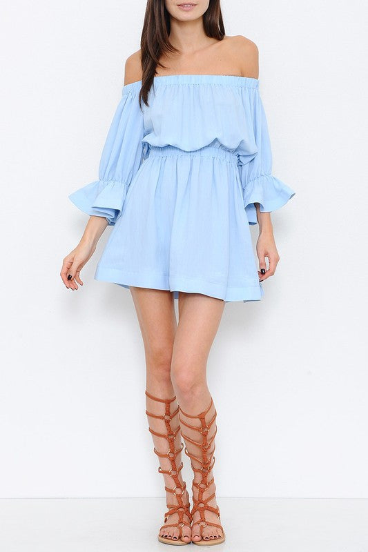 Fashion Off Shoulder Light Blue Dress with Bell Sleeve