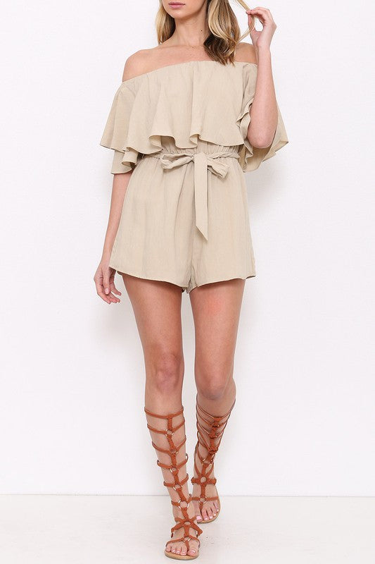 Fashion Off-Shoulder Beige Ruffle Romper