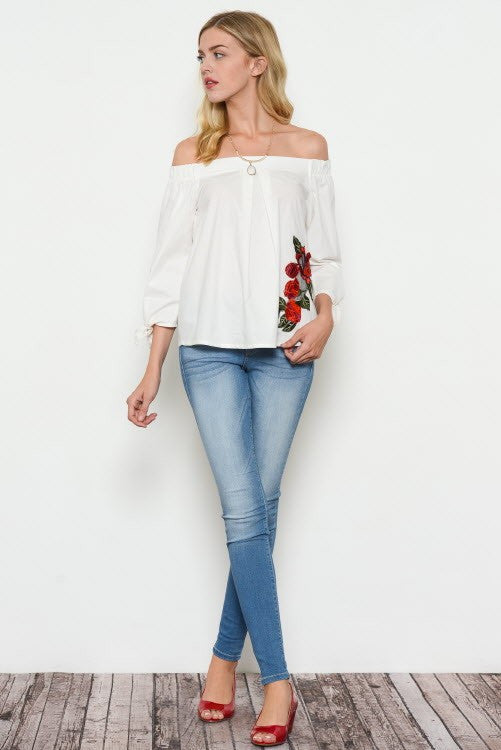Fashion White Off Shoulder Top Embroidery Rose