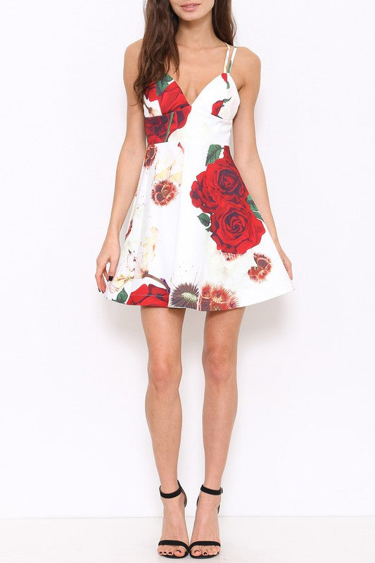 Elegant Cocktail Red Roses Flare Dress