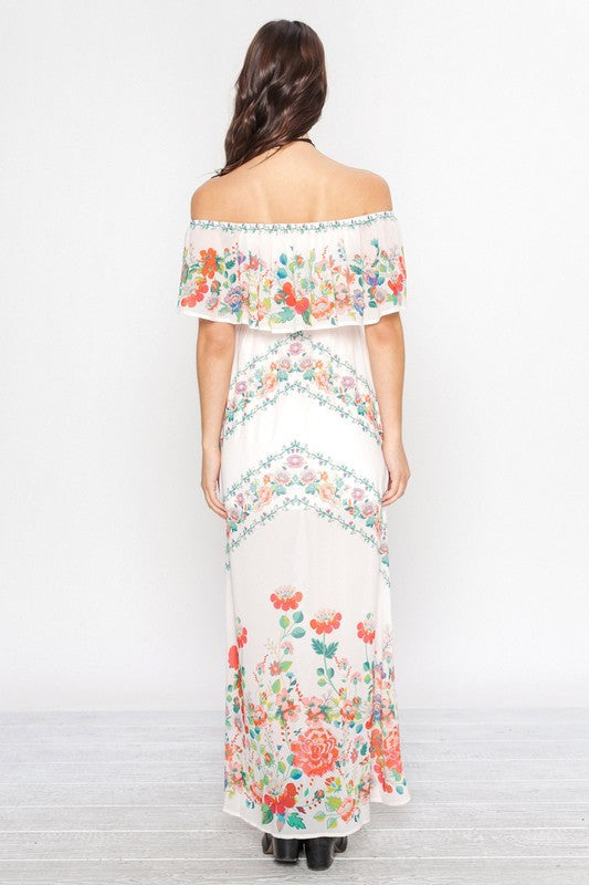 Summer Off Shoulder Floral Print Ruffle Maxi Dress