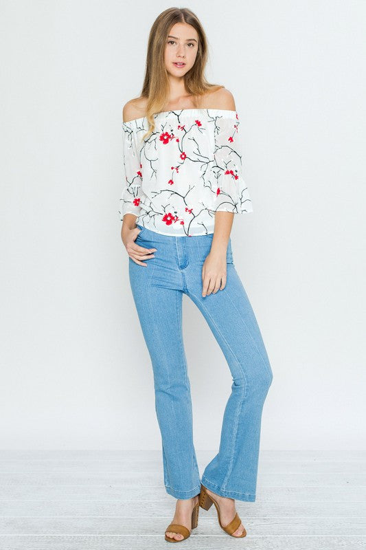 Fashion Off Shoulder Floral Embroidery Top