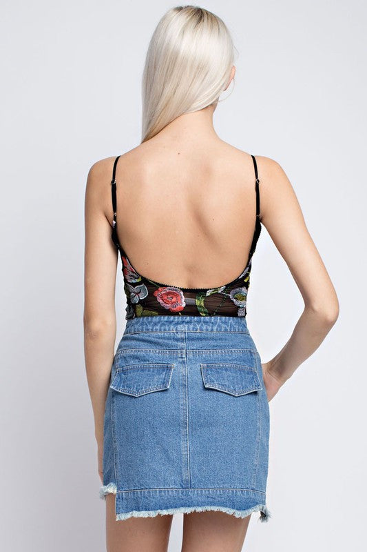 Fashion Floral Embroidery Black Mesh Bodysuit