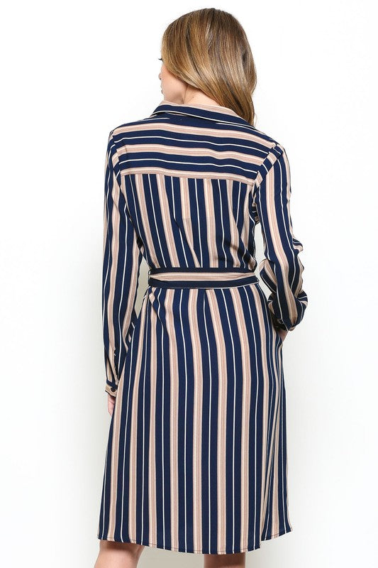 Elegant Navy Striped Beige Shirt Dress