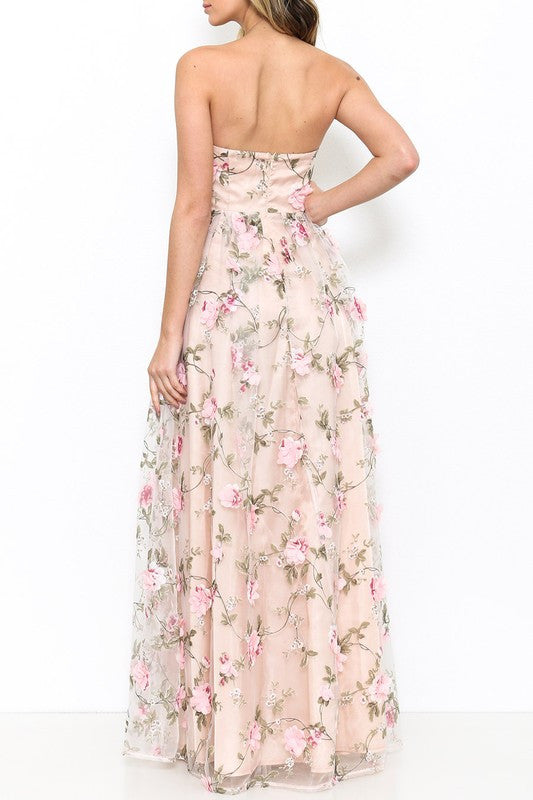 Cocktail Strapless Pink Floral Textured Maxi Dress