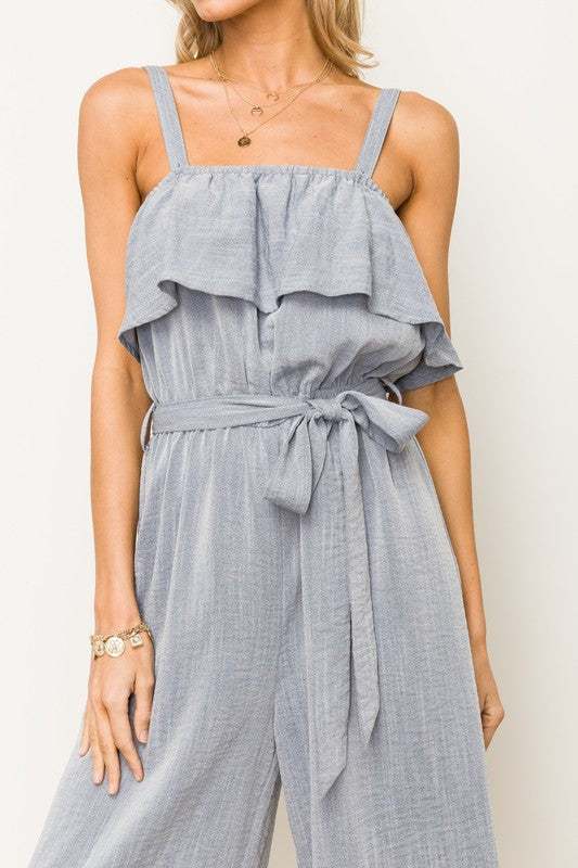 Fashion Strap Tie-Up Ruffle Grey Jumpsuit