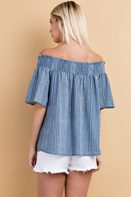 Summer Off Shoulder Embroidered Roses Blue Top