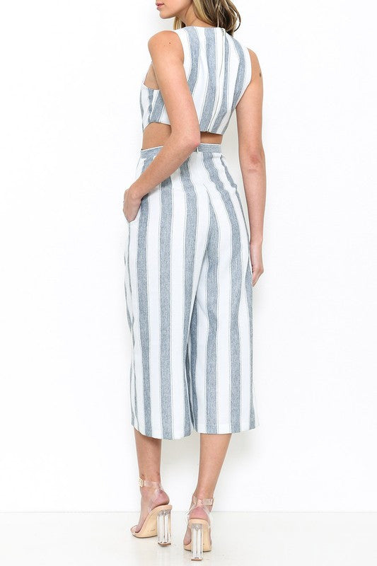Elegant Marine Striped Cut Out Maxi Romper