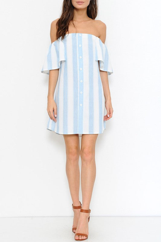 Summer Marine Off Shoulder Button Down Dress