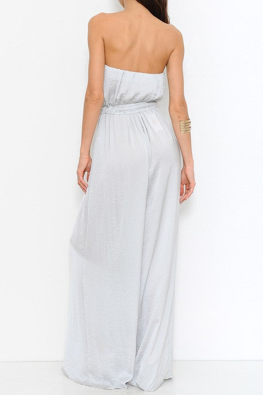 Elegant Strapless Wide Leg Satin Silver Maxi Romper