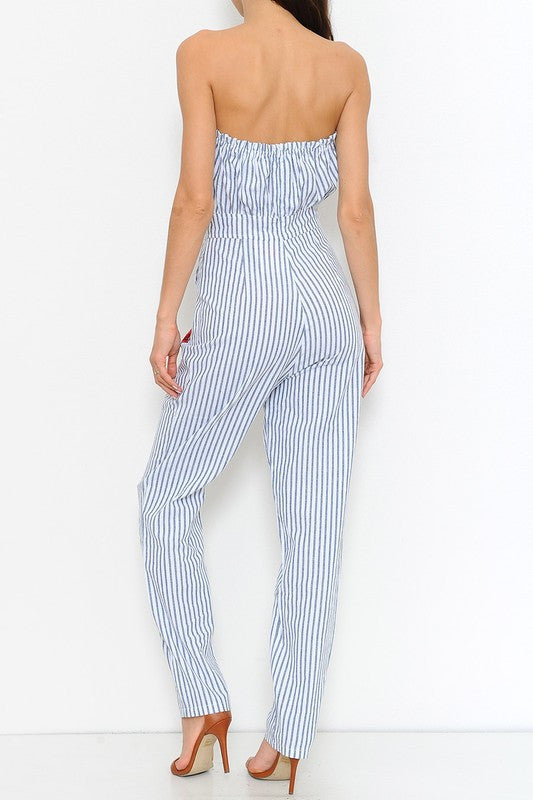 Summer Strapless Marine Maxi Romper Embroidery Rose