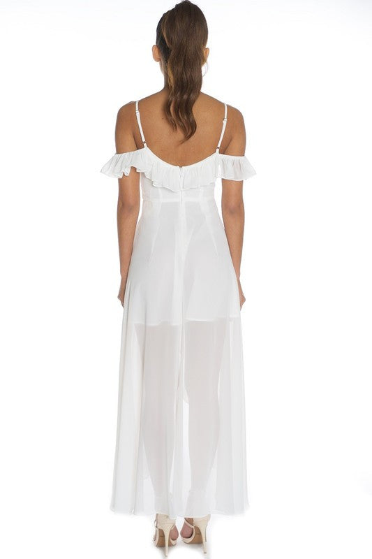 Summer V Neck Ruffle White Maxi Dress