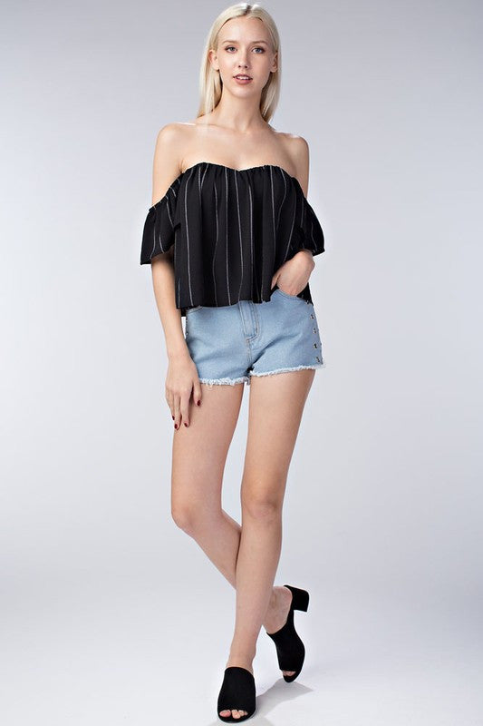 Summer Off Shoulder Striped Contrast Black Top