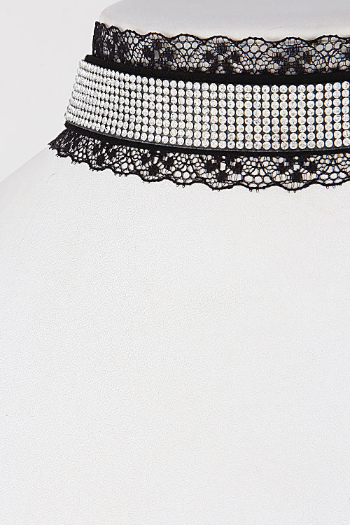 Elegant Choker Black Necklace With Lace And Rhinestones