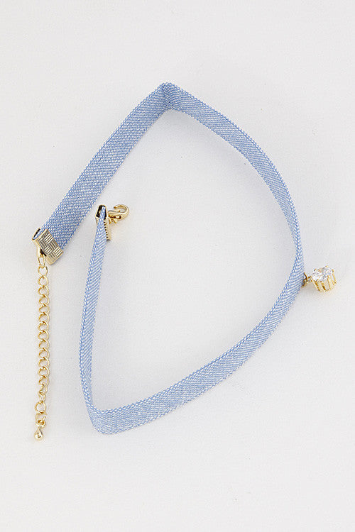 Elegant Blue Denim Choker with Rhinestone