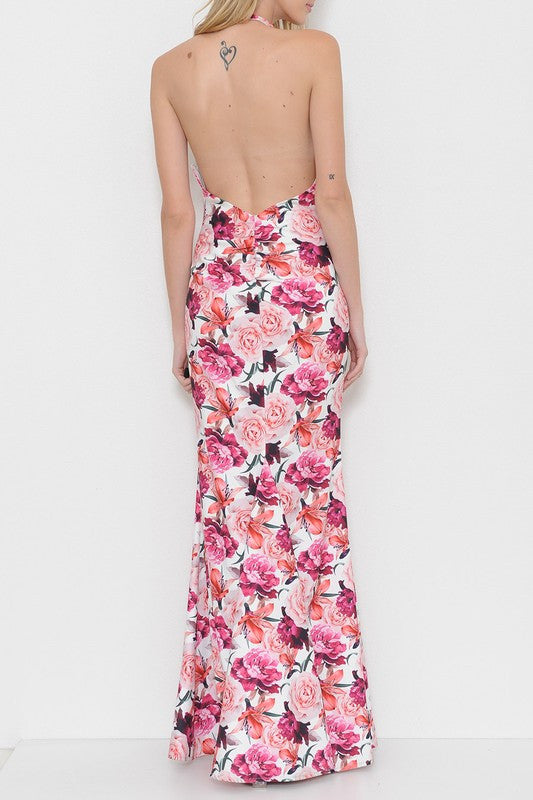 Elegant Multi-Color Floral Open Back Maxi Dress