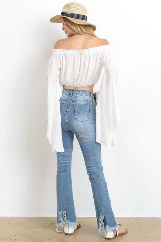 Summer Off Shoulder Crop White Top with Bell Sleeve