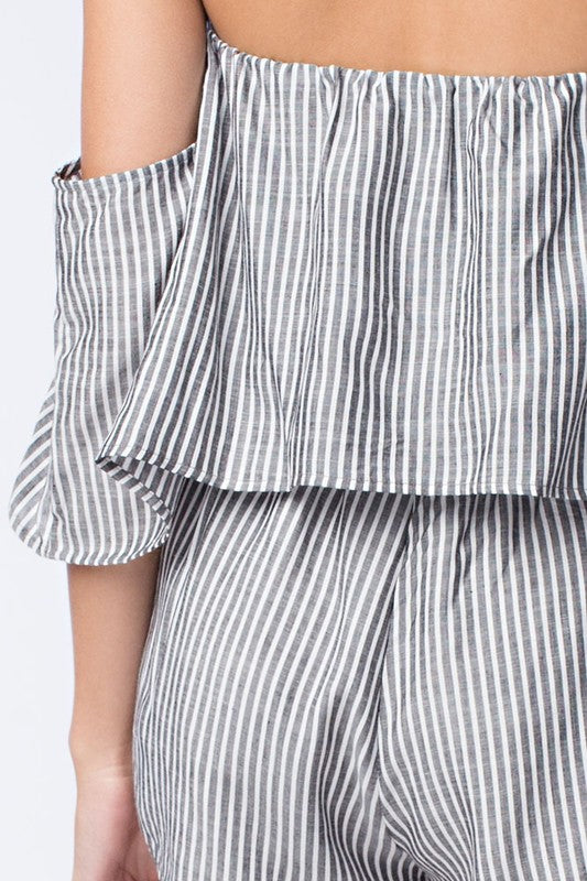 Fashion Strapless Grey Striped Ruffle Layered Romper