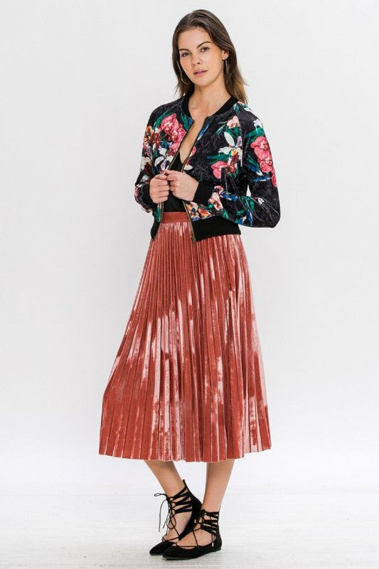 Fashion Black Floral Print Velvet Bomber Jacket