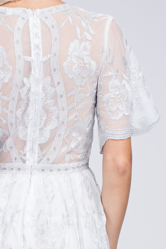 Elegant V-Neck Silver Floral Lace White Maxi Romper