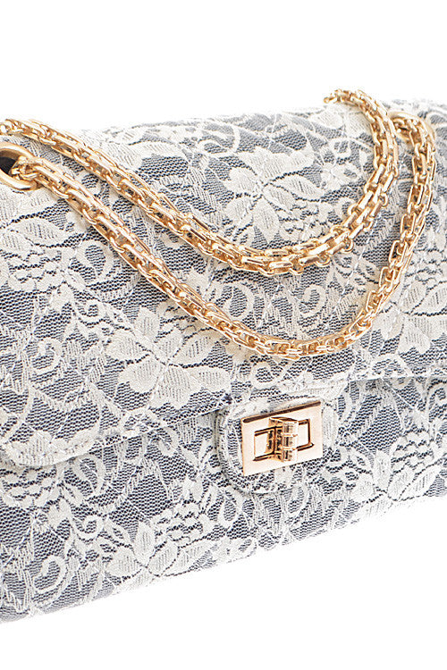 Elegant Flower Lace Quilted Grey Clutch