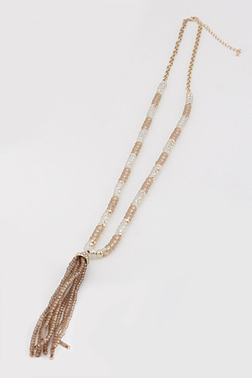 Long Fashion Beige Beaded Necklace with Tassel