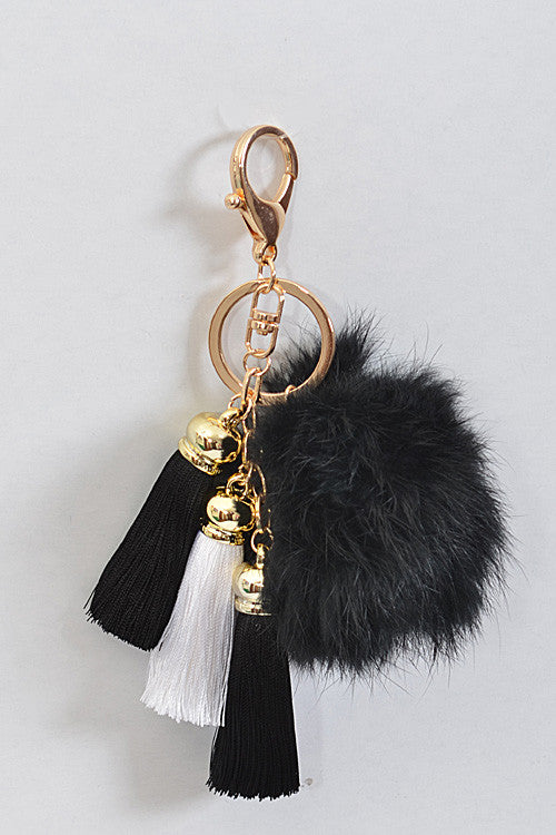 Small Black Pom Pom Gold Key Chain with Tassel