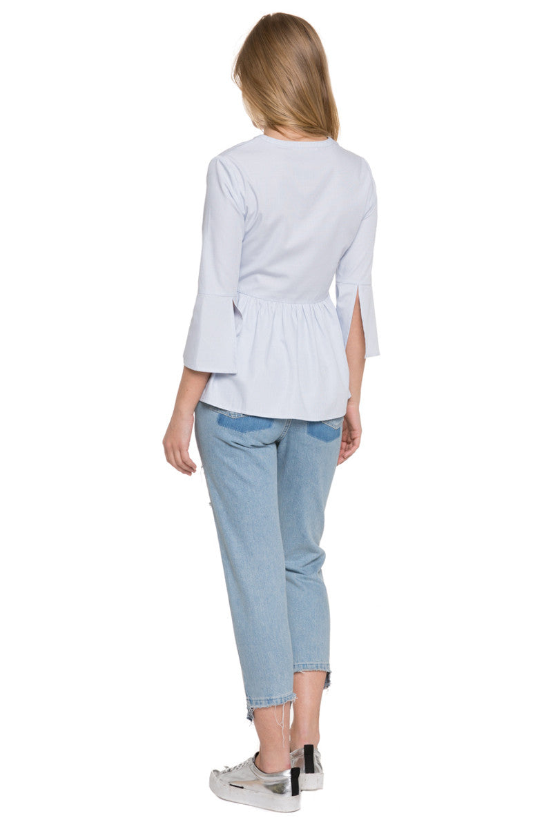 Elegant V Neck Long Sleeve Light Blue Blouse