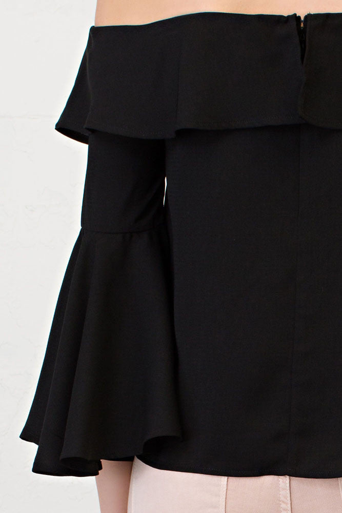 Elegant Black Off Shoulder Flare Bell Sleeve Top