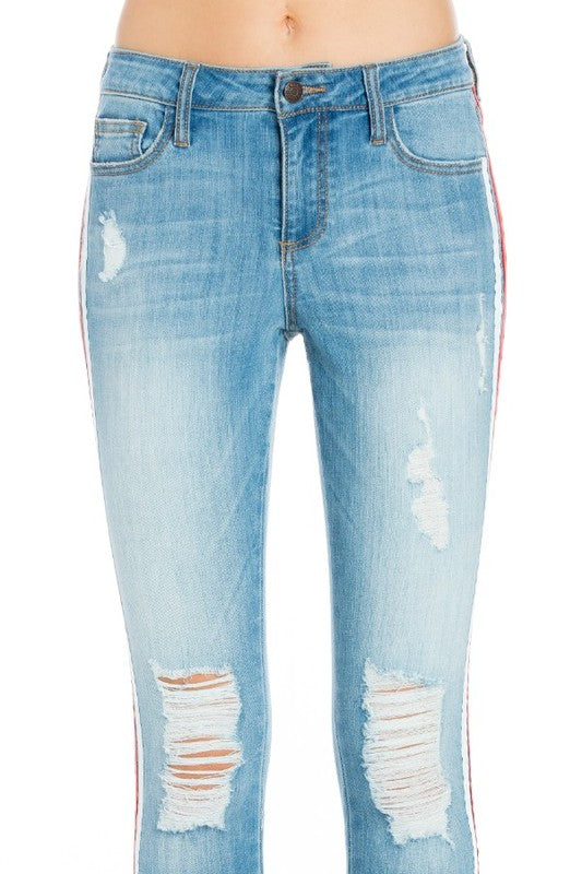 Ripped Skinny Jean with Blue Wash Side Red White Striped Detailed