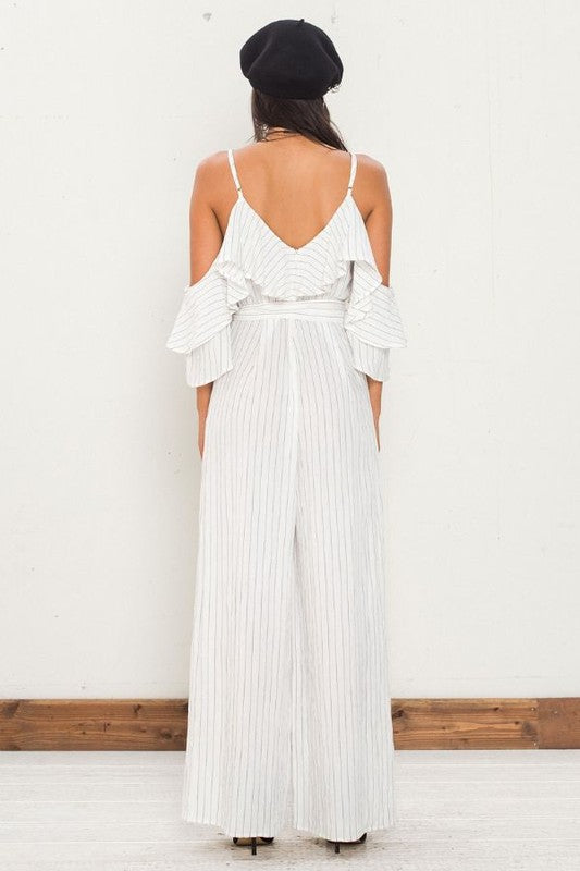 Fashion Cold Shoulder White Contrast Ruffle Jumpsuit