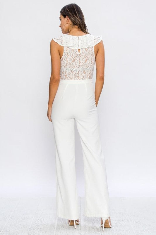 Elegant White Lace Ruffle Sleeveless Cut Out Jumpsuit