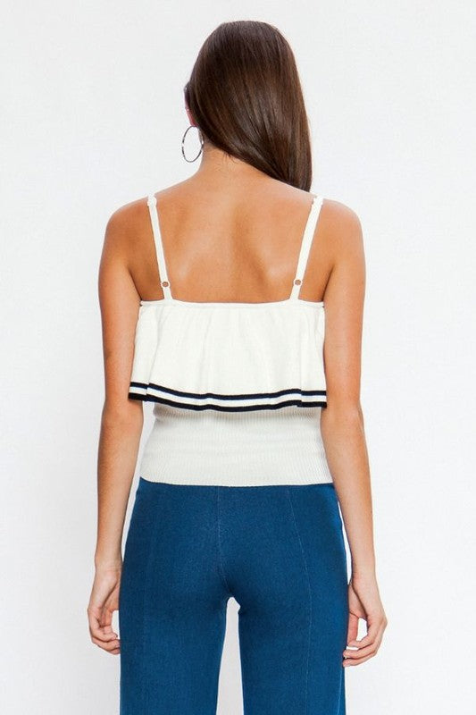 Fashion Strap Ruffle Knit Ivory Top