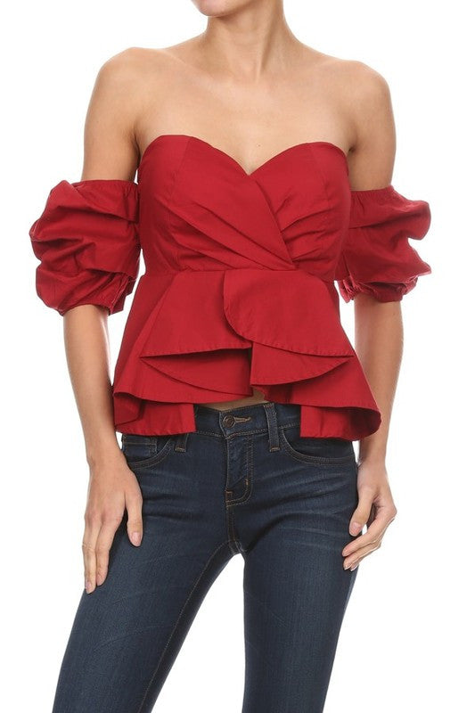 Elegant Off Shoulder Ruffle Red Top