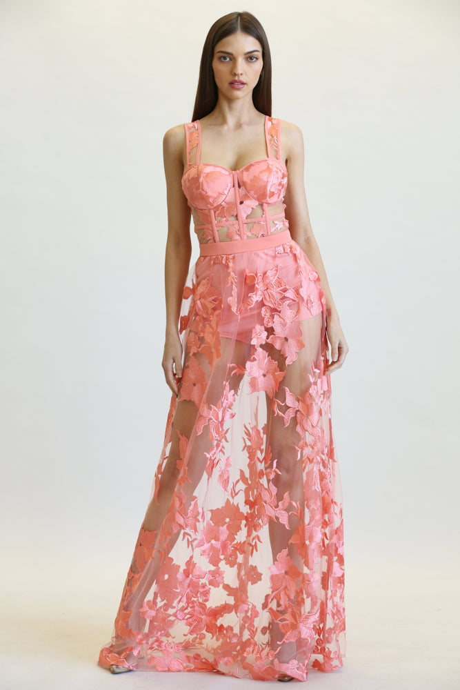 Elegant Coral Couture Strap Corset Floral Embroidery Gown
