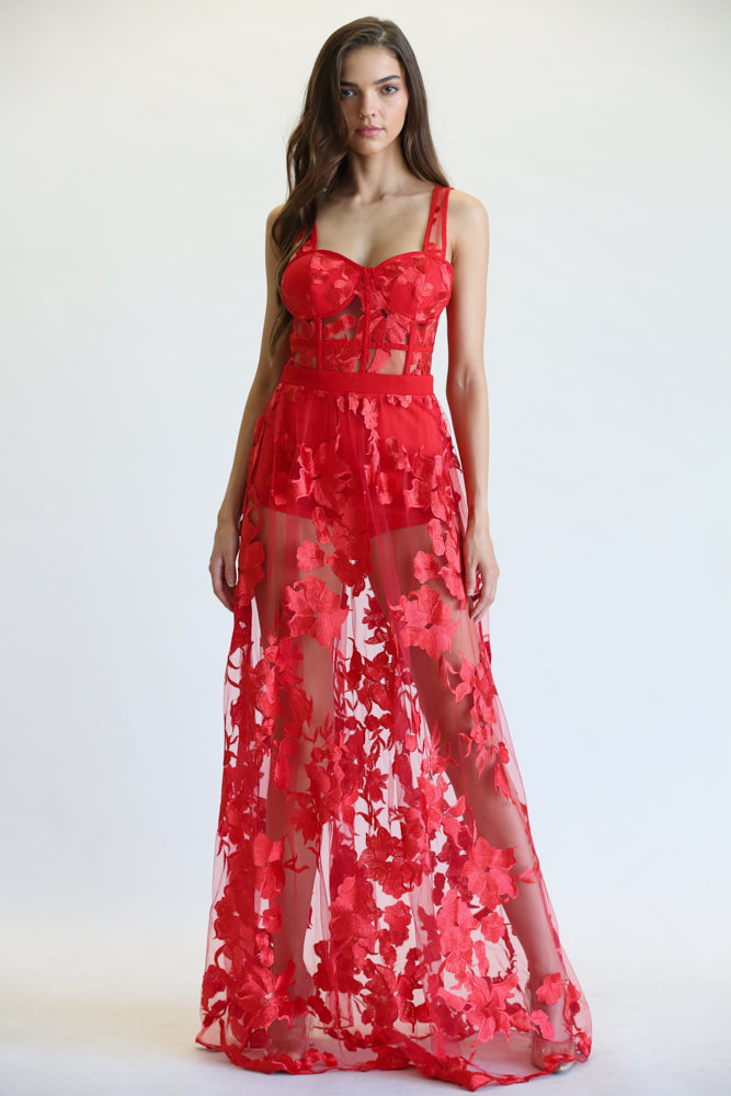 Elegant Red Couture Strap Corset Floral Embroidery Gown